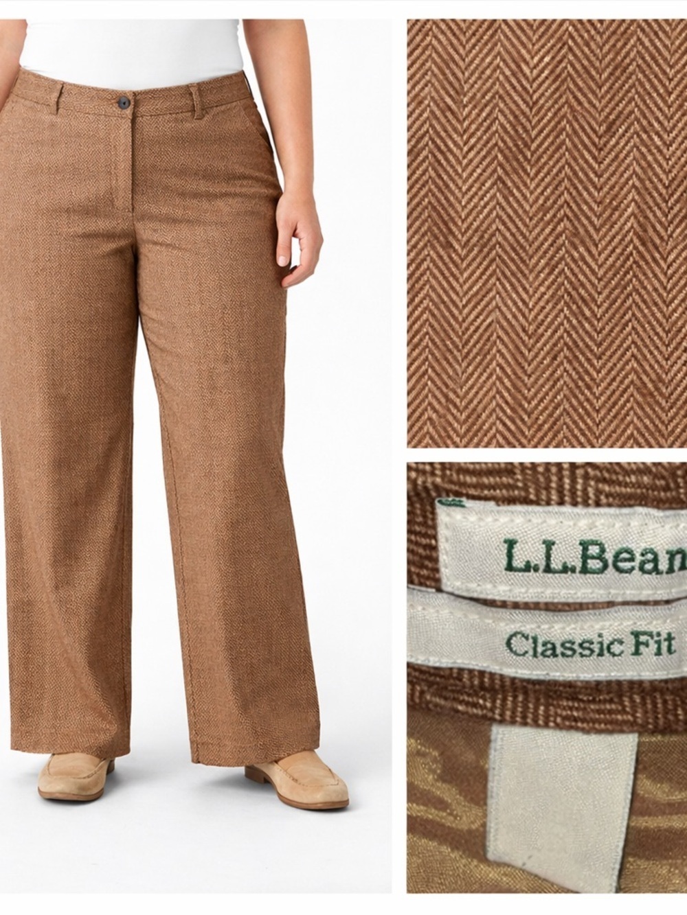 L.L. Bean Women Trousers Pants 20 Petite Brown Herringbone Cotton Classic Fit